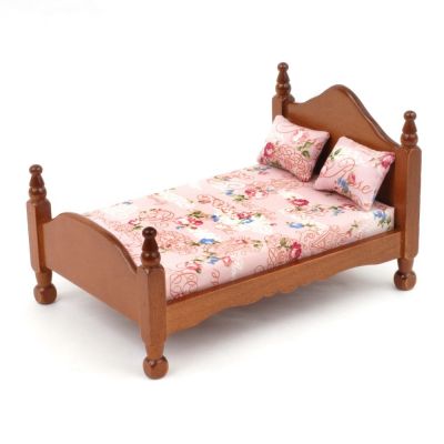 Wooden Bed with Mattress and Pillows