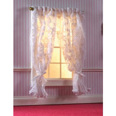 Off-White Lace Curtains on Rail                             