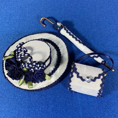 White/Blue Hat, Parasol & Bag Set Handmade