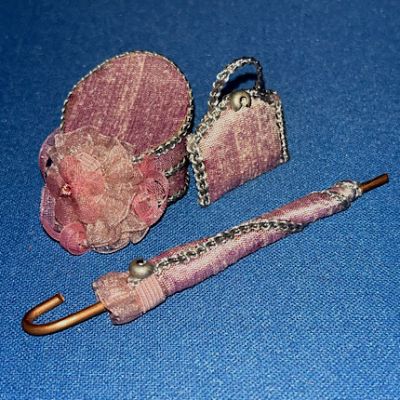 Mauve Hat, Parasol & Bags Set Handmade